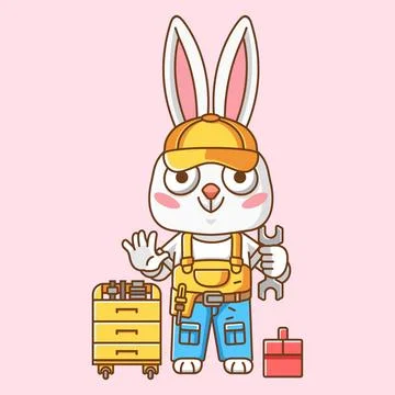 Cute rabbit mechanic with tool at workshop cartoon animal character mascot Stock Illustration