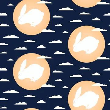Cute rabbit, moon, clouds seamless pattern Stock Illustration