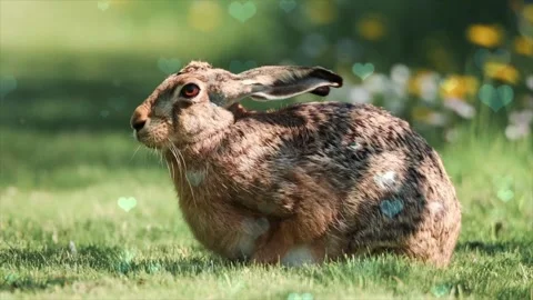 Cute Rabbit in Nest with Falling Blue Hearts and Bokeh Vídeo Stock 330245823