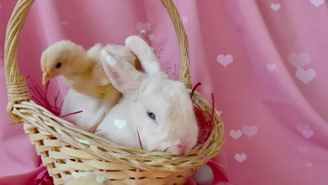 Cute Rabbit in Nest with Falling Blue Hearts and Bokeh Stock Footage 330246470