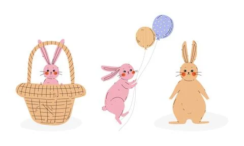 Cute Rabbit or Bunny with Long Ears Sitting in Wicker Basket and Holding Illustrazione stock