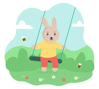Cute rabbit or bunny is resting on a swing Stock Illustration