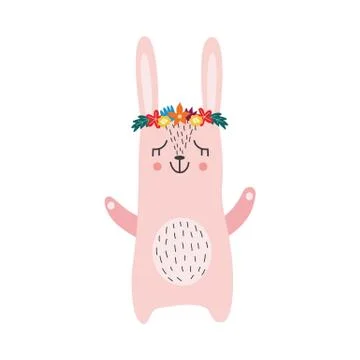 Cute rabbit or hare in wreath flat scandinavian vector illustration isolated. Stock Illustration