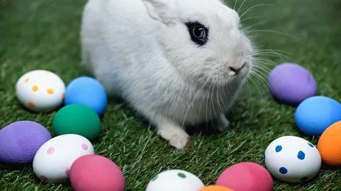 Cute rabbit painted easter eggs Stock Photos