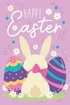 Cute rabbit with a pair of painted eggs Easter week invitational card Vector Stock Illustration