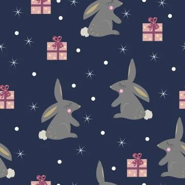 Cute rabbit with presents seamless pattern. Stock-Illustration