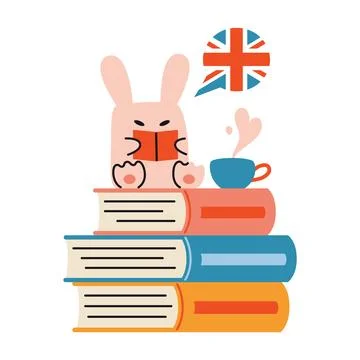 Cute rabbit reading textbook on stack of books, English language learning a.. Stock Illustration