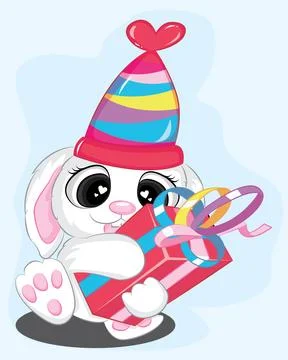 Cute rabbit with red gift box and birth day hat isolated on white background Stock Illustration