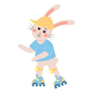 Cute rabbit roller skating. Bunny boy in a cap with knee pads Stock Illustration