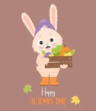 Cute rabbit in rubber boots with box of autumn vegetables. Vector illustratio Stock Illustration