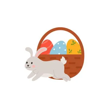 Cute rabbit running in front of basket with Easter eggs, flat vector 스톡 일러스트
