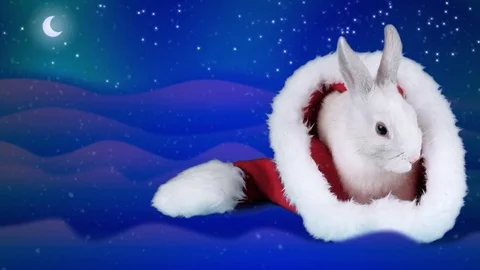 Cute rabbit in a Santa hat sits and relaxing Stock Footage 70199735