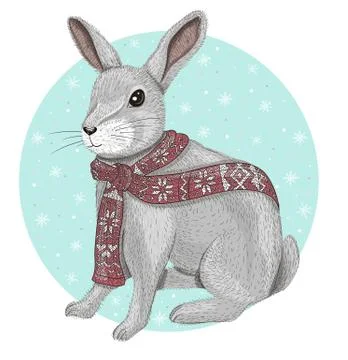 Cute rabbit with scarf winter background Stock Illustration
