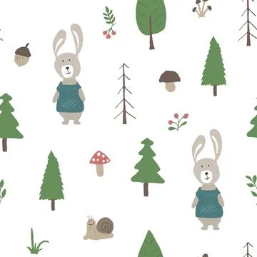 Cute rabbit Seamless pattern. Cartoon Animals in forest background. Vector il Illustrazione stock