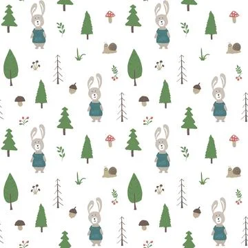 Cute rabbit Seamless pattern. Cartoon Animals in forest background. Vector il Stock Illustration