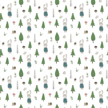 Cute rabbit Seamless pattern. Cartoon Animals in forest background. Vector il Stock Illustration
