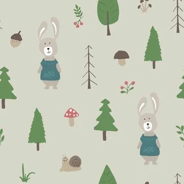 Cute rabbit Seamless pattern. Cartoon Animals in forest background. Vector il Stock Illustration