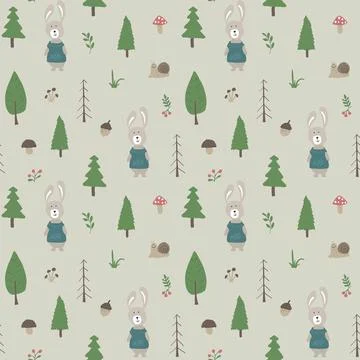 Cute rabbit Seamless pattern. Cartoon Animals in forest background. Vector il Stock Illustration