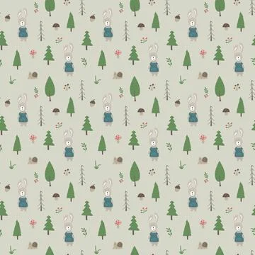 Cute rabbit Seamless pattern. Cartoon Animals in forest background. Vector il Illustrazione stock