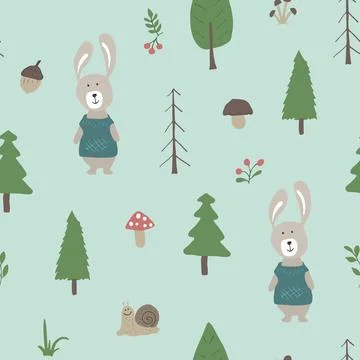 Cute rabbit Seamless pattern. Cartoon Animals in forest background. Vector il Stock Illustration