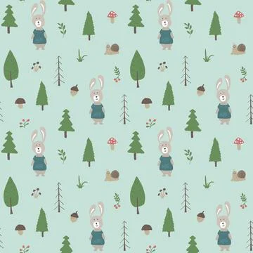Cute rabbit Seamless pattern. Cartoon Animals in forest background. Vector il Stock Illustration