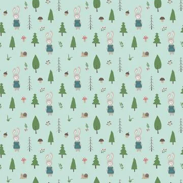 Cute rabbit Seamless pattern. Cartoon Animals in forest background. Vector il Stock Illustration