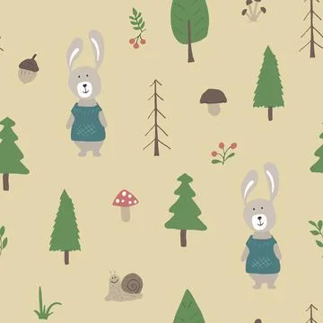Cute rabbit Seamless pattern. Cartoon Animals in forest background. Vector il Stock Illustration