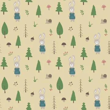 Cute rabbit Seamless pattern. Cartoon Animals in forest background. Vector il Stock Illustration
