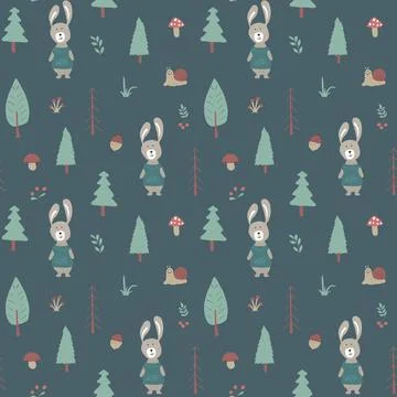 Cute rabbit Seamless pattern. Cartoon Animals in forest background. Vector il Illustrazione stock