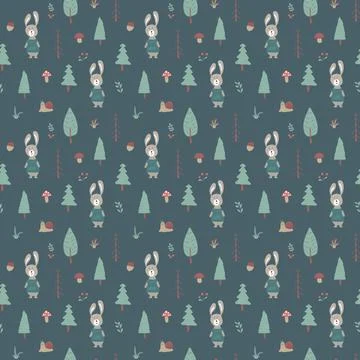 Cute rabbit Seamless pattern. Cartoon Animals in forest background. Vector il Stock Illustration
