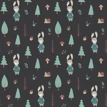 Cute rabbit Seamless pattern. Cartoon Animals in forest background. Vector il Stock Illustration