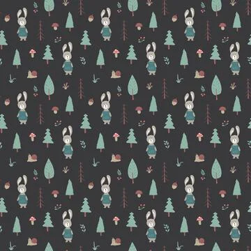 Cute rabbit Seamless pattern. Cartoon Animals in forest background. Vector il Stock Illustration