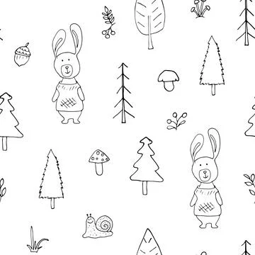 Cute rabbit Seamless pattern. Cartoon Animals in forest background. Vector il Stock Illustration