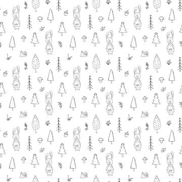 Cute rabbit Seamless pattern. Cartoon Animals in forest background. Vector il Stock Illustration