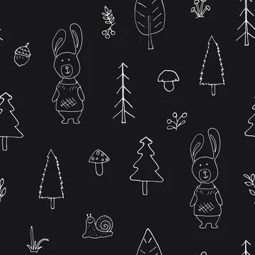 Cute rabbit Seamless pattern. Cartoon Animals in forest background. Vector il Stock Illustration