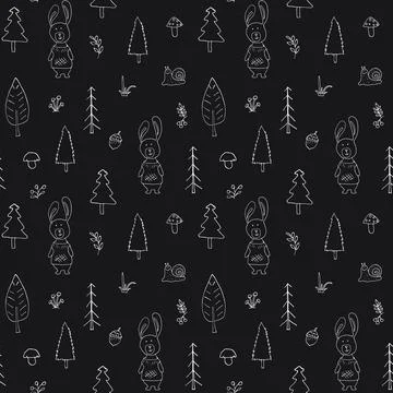 Cute rabbit Seamless pattern. Cartoon Animals in forest background. Vector il Stock Illustration