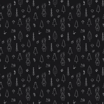 Cute rabbit Seamless pattern. Cartoon Animals in forest background. Vector il Stock Illustration
