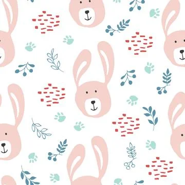 Cute rabbit Seamless pattern. Cartoon Animals in forest background. Vector il Stock Illustration