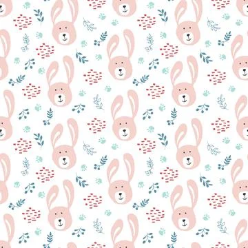 Cute rabbit Seamless pattern. Cartoon Animals in forest background. Vector il Stock Illustration