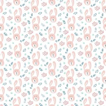 Cute rabbit Seamless pattern. Cartoon Animals in forest background. Vector il Stock Illustration