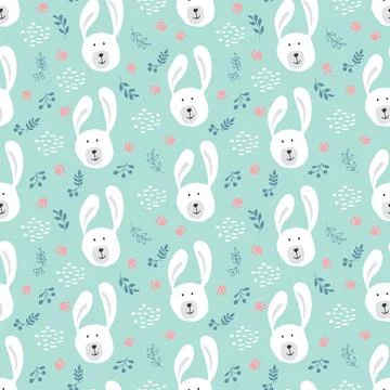Cute rabbit Seamless pattern. Cartoon Animals in forest background. Vector il Stock Illustration