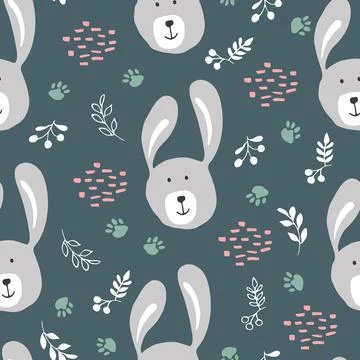 Cute rabbit Seamless pattern. Cartoon Animals in forest background. Vector il Stock Illustration