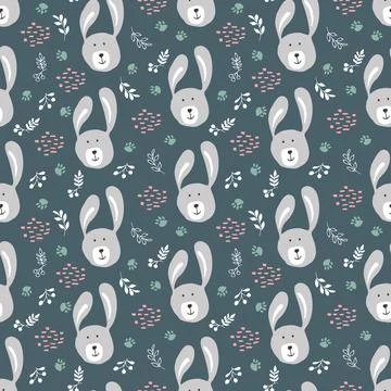 Cute rabbit Seamless pattern. Cartoon Animals in forest background. Vector il Stock Illustration