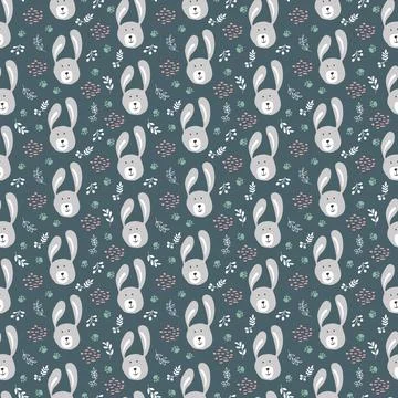 Cute rabbit Seamless pattern. Cartoon Animals in forest background. Vector il Stock Illustration