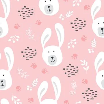 Cute rabbit Seamless pattern. Cartoon Animals in forest background. Vector il Stock Illustration