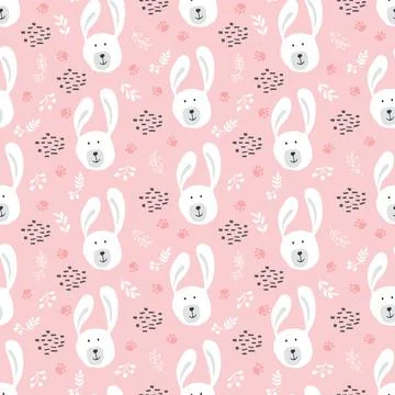 Cute rabbit Seamless pattern. Cartoon Animals in forest background. Vector il Stock Illustration