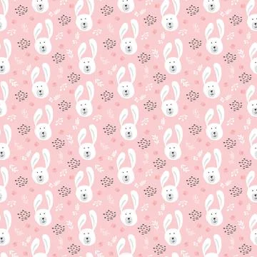 Cute rabbit Seamless pattern. Cartoon Animals in forest background. Vector il Stock Illustration