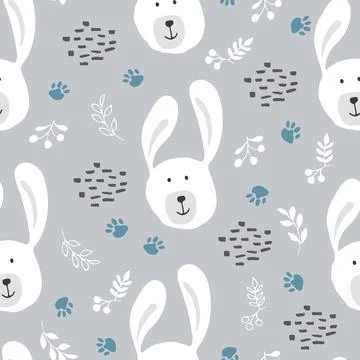 Cute rabbit Seamless pattern. Cartoon Animals in forest background. Vector il Stock Illustration