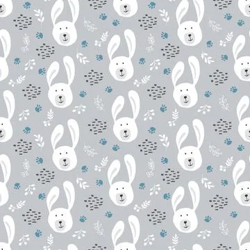 Cute rabbit Seamless pattern. Cartoon Animals in forest background. Vector il Stock Illustration