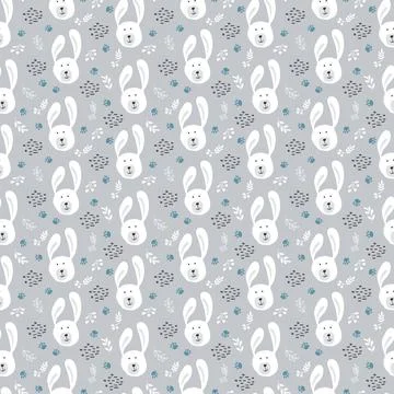 Cute rabbit Seamless pattern. Cartoon Animals in forest background. Vector il Stock Illustration